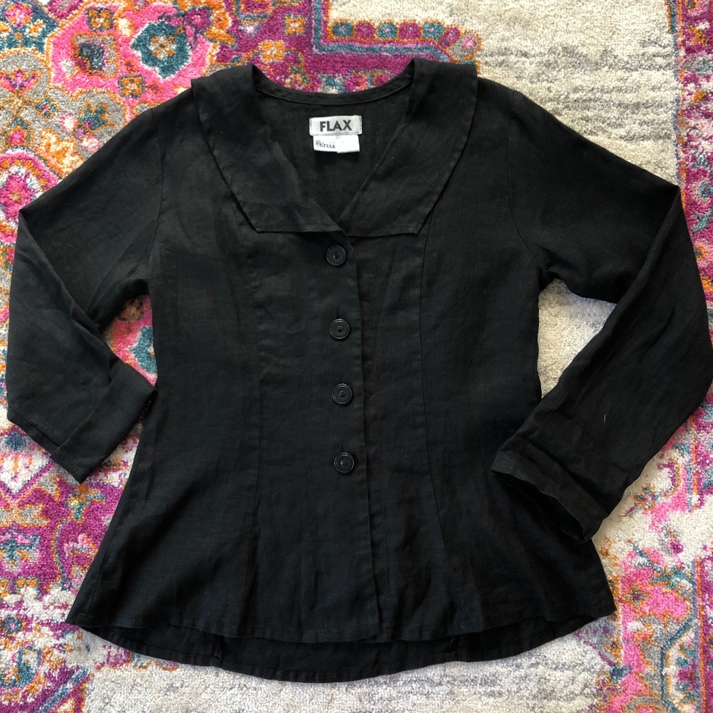 FLAX 100% Linen Black Button Down Blouse